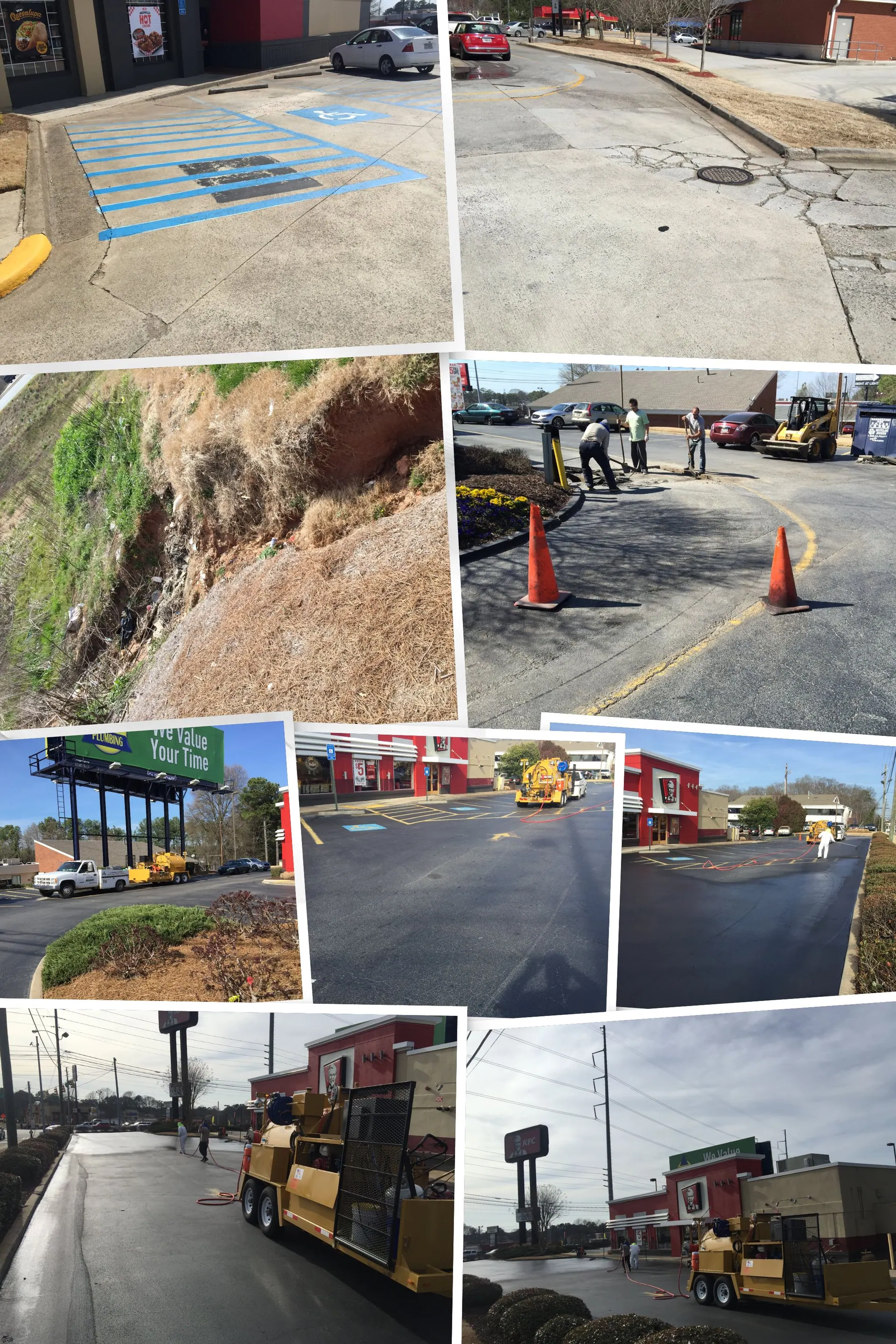 After condition at quick-service restaurant lot with fresh asphalt and defined striping